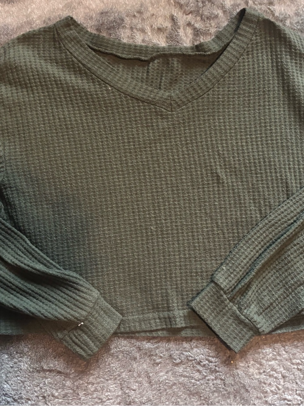 Cozy Waffle Knit V-Neck Sweater - Olive Green